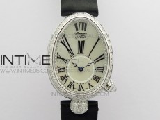 Reine de Naples 8928BB 33mm SS ZF 1:1 Best Edition White MOP Dial Roman Markers Diamonds Bezel on Black Fabric Strap A537