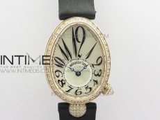 Reine de Naples 8928BB 33mm RG ZF 1:1 Best Edition White MOP Dial Numeral Markers Diamonds Bezel on Black Fabric Strap A537