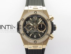 Hublot Big Bang Unico RG Diamonds Bezel ZF 1:1 Best Edition Skeleton Dial on Black Rubber Strap A1280