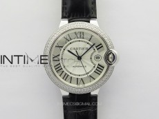 Ballon Bleu 42mm Diamonds Bezel SS K3F 1:1 Best Edition White Texture Dial on Black Leather Strap A2824